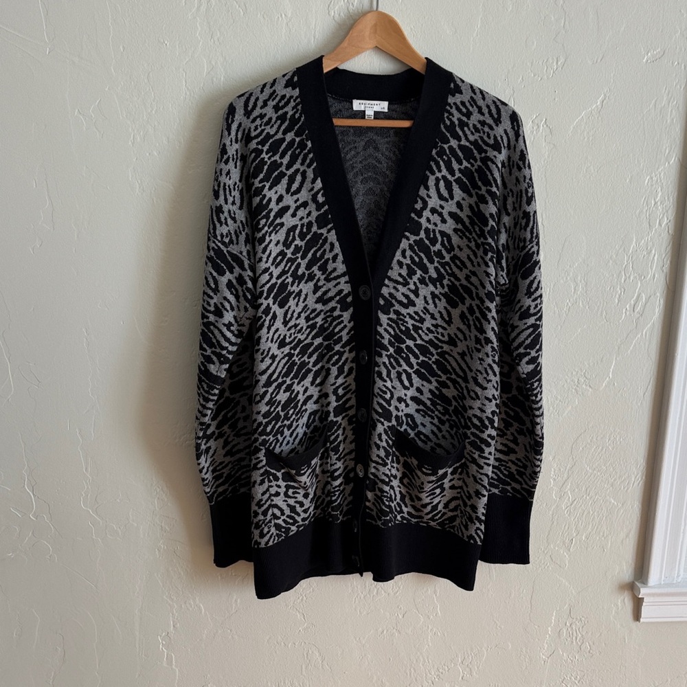 Equipment Black and Grey Leopard Print V-neck Cardigan  Sweater